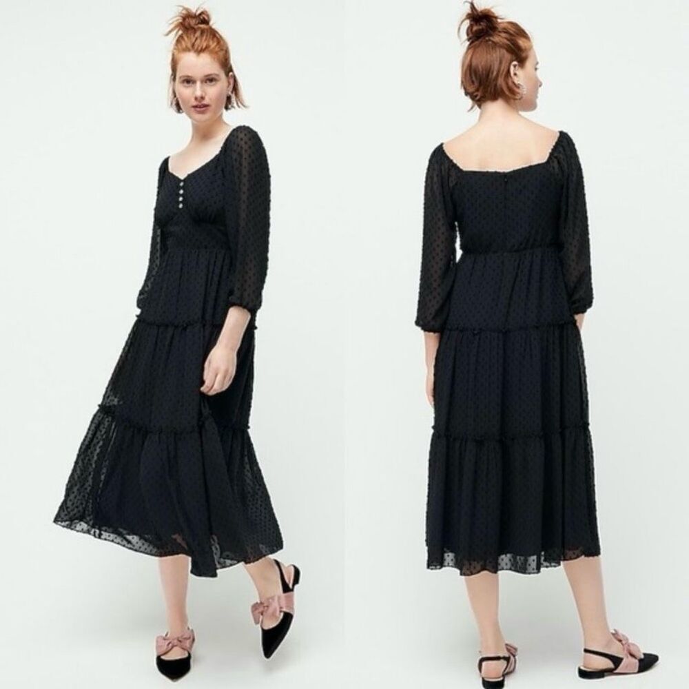 J. Crew Women's Black Tiered Long-Sleeve Midi Dress Size 12